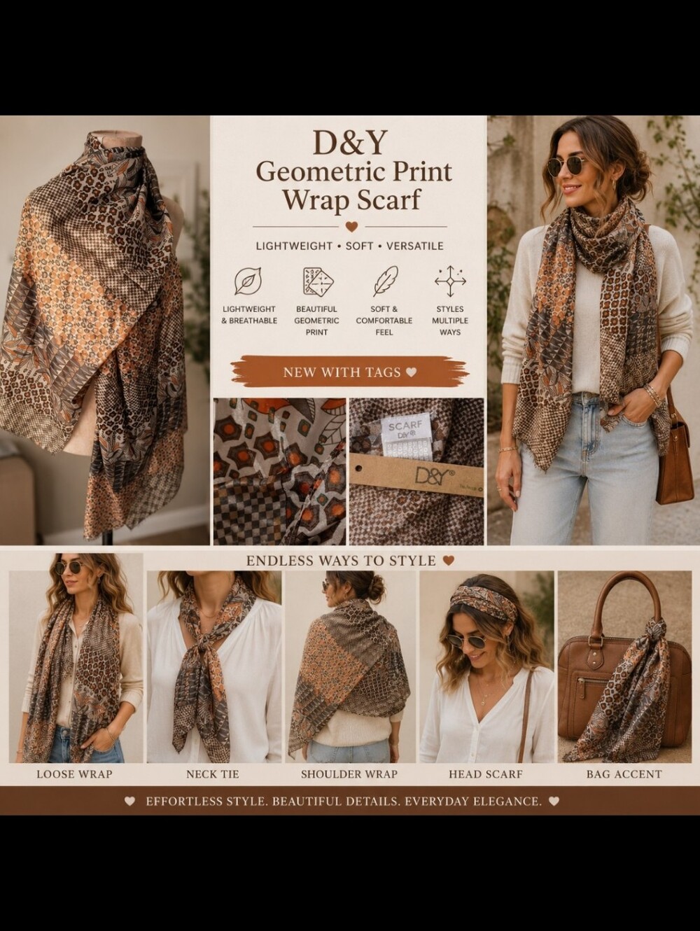 D&Y ~ Brown Tan Geometric Print Lightweight Wrap Scarf NWT